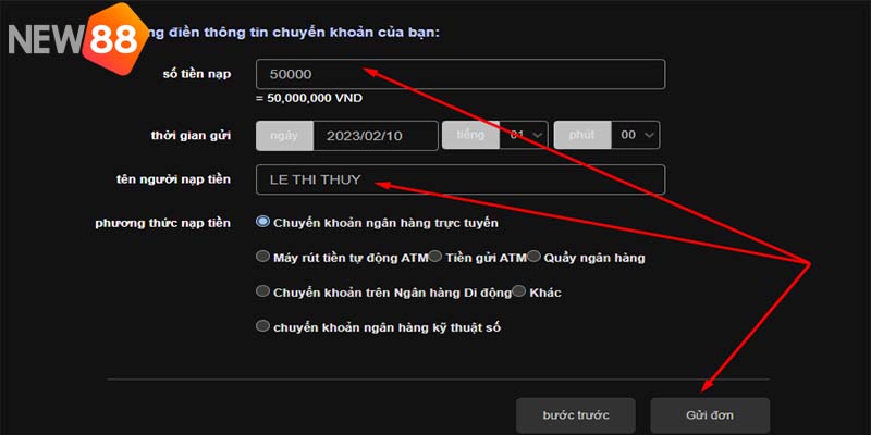 Nạp tiền New88 qua phương thức chuyển khoản ngân hàng